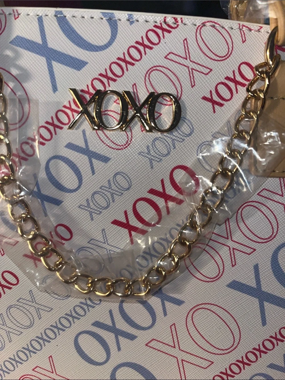 XOXO White Satchel with Red & Blue Logo Print and Tan Handles